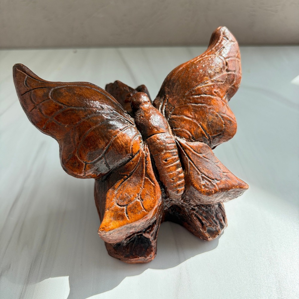 Vintage Heavy Ceramic Butterfly Figurine Brown Glazed Rustic Nature Decor 4in